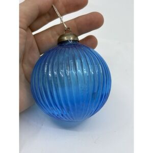 Vintage Look 3'' Sky Blue Color Glass Heavy Kugel Crakers Christmas Ornament